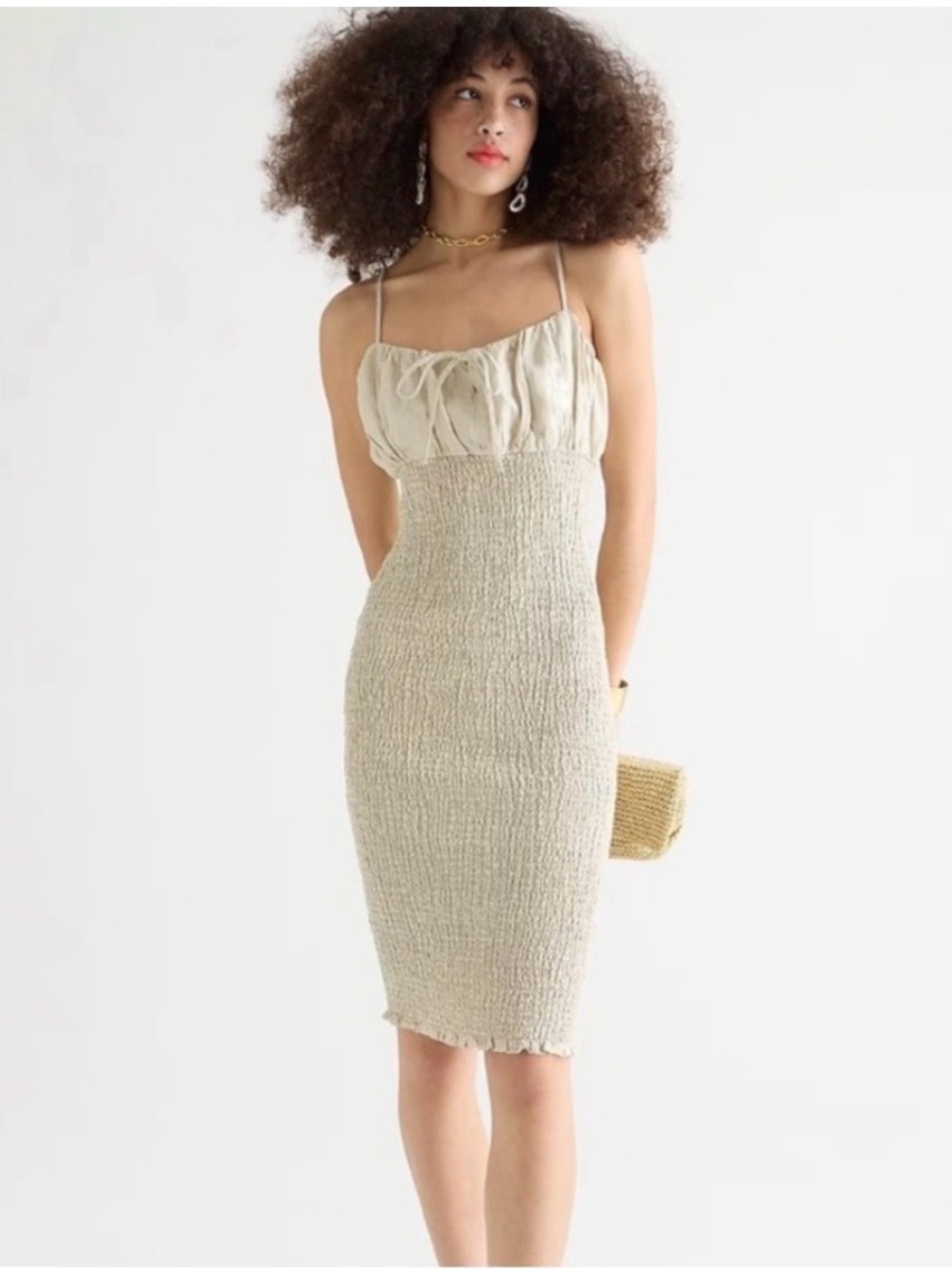 NWT J. Crew Cream Smocked Midi Dress with Tie-Front Bust
